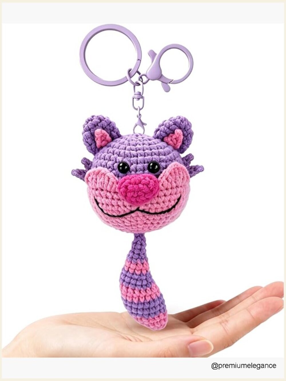 Cat Crochet Keychain Handmade Pink Purple Striped Backpack Charm Bag Accessory